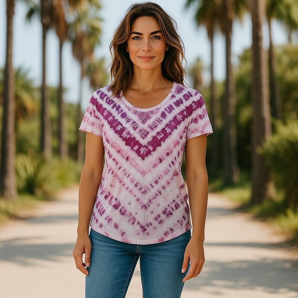 One World Tie-Dye Women's Top Purple White Bling